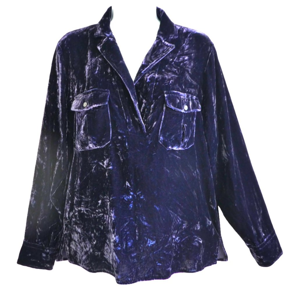 J. Crew Deep Purple Perfect Crushed Velvet Popover Shirt Double Flapped Pockets